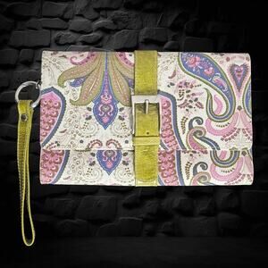 Nicole Van Dyke Wristlet Clutch | Boho Paisley Canvas Purse w/ Chartreuse Strap